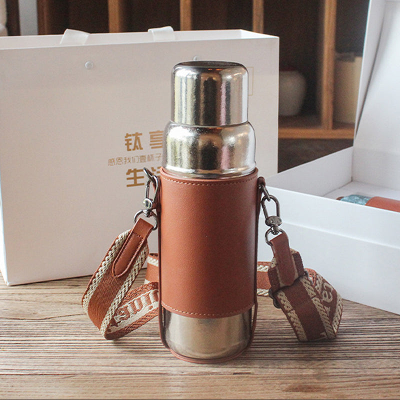 Titanium Insulated Bottle with Leather Strap