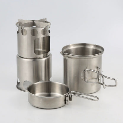 Portable Stainless Steel Wood-Burning Camp Stove with Cookware Set