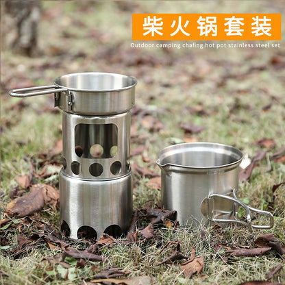 Portable Stainless Steel Wood-Burning Camp Stove with Cookware Set